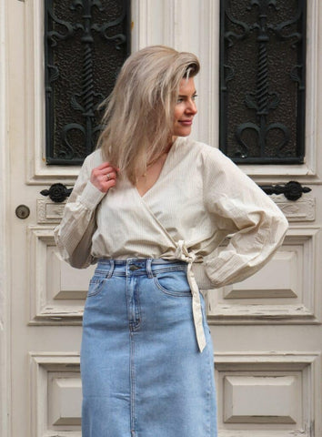 SLFMILLIE LS STRIPED WRAP TOP B - Birch stripes