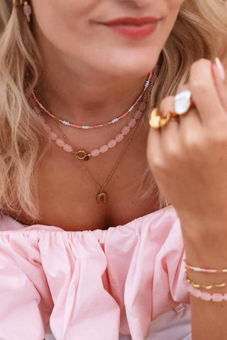Pink Beads Necklace Gold