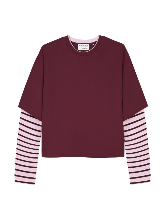 Loose fit Tshirt with striped sleeves - Merlot