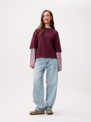 Loose fit Tshirt with striped sleeves - Merlot