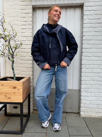 Yasanca ls hood jacket s. - story - navy blazer - checked hood