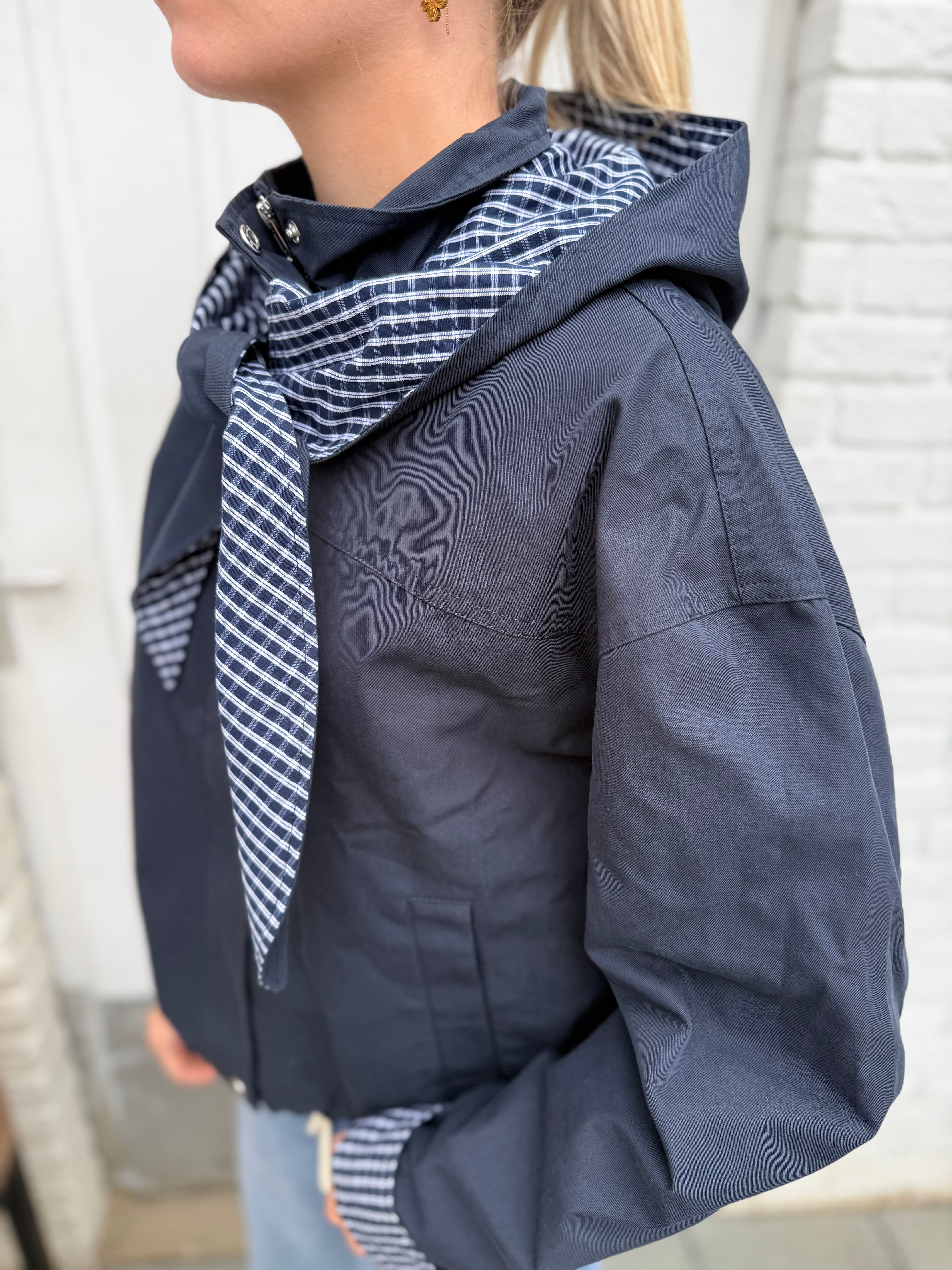 Yasanca ls hood jacket s. - story - navy blazer - checked hood