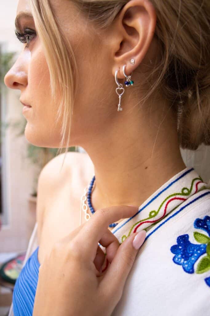 Single triple blue hoop silver