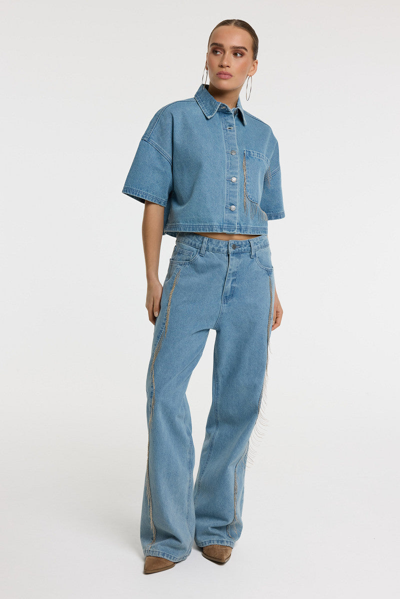 Pants PAYTON fringes - Light blue