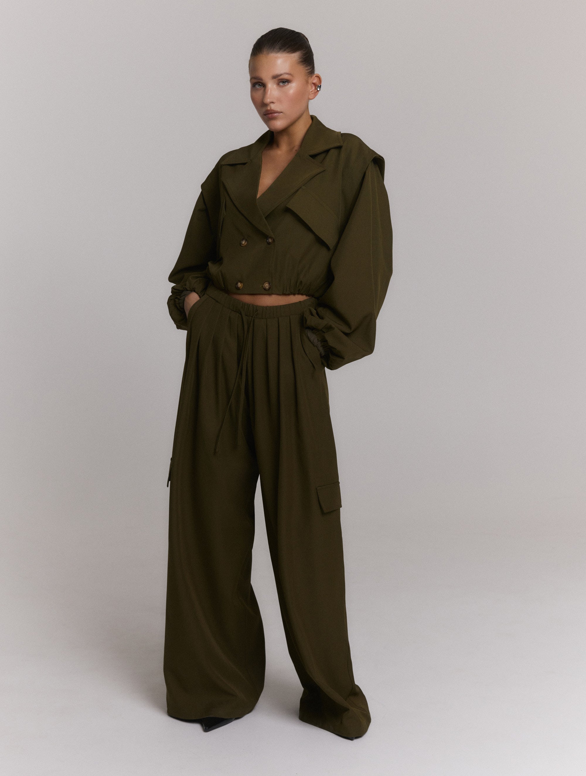 ladies woven wide leg cargo pants MILA - army