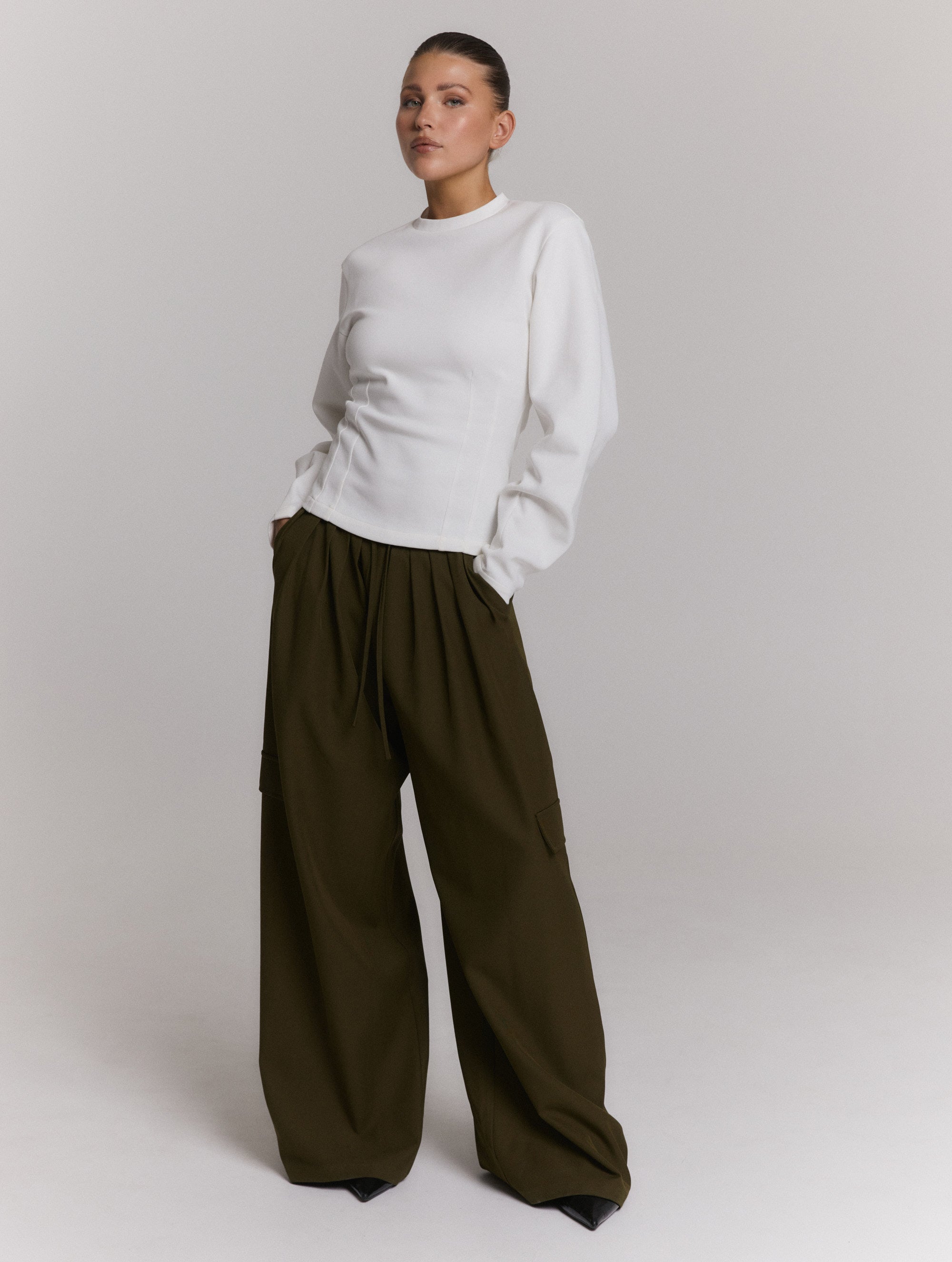 ladies woven wide leg cargo pants MILA - army