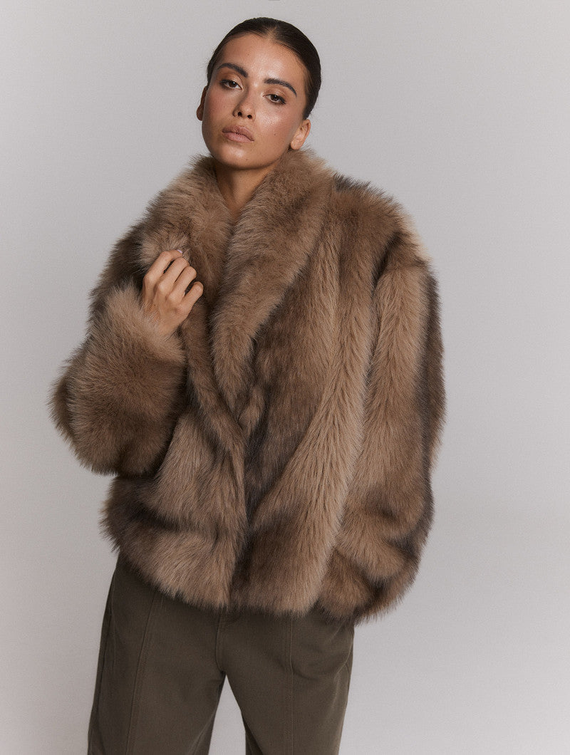 ladies woven faux fur jacket LUKA - brown