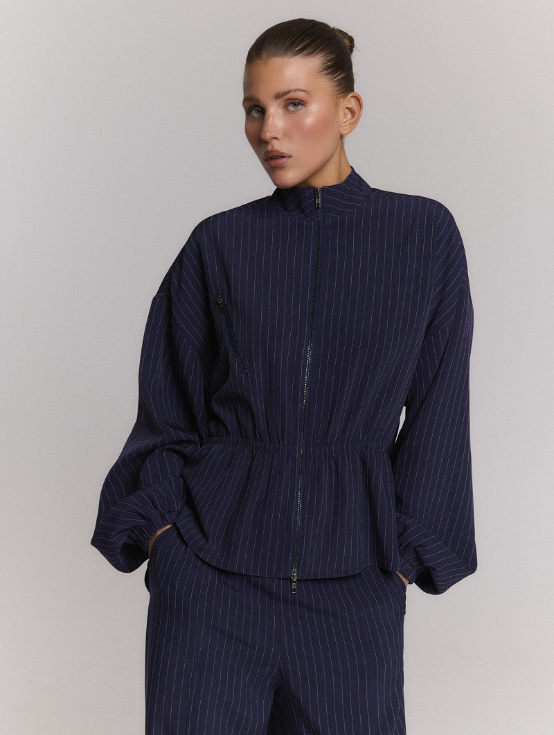ladies woven pinstripe balloon sleeve top ELYSIA - navy