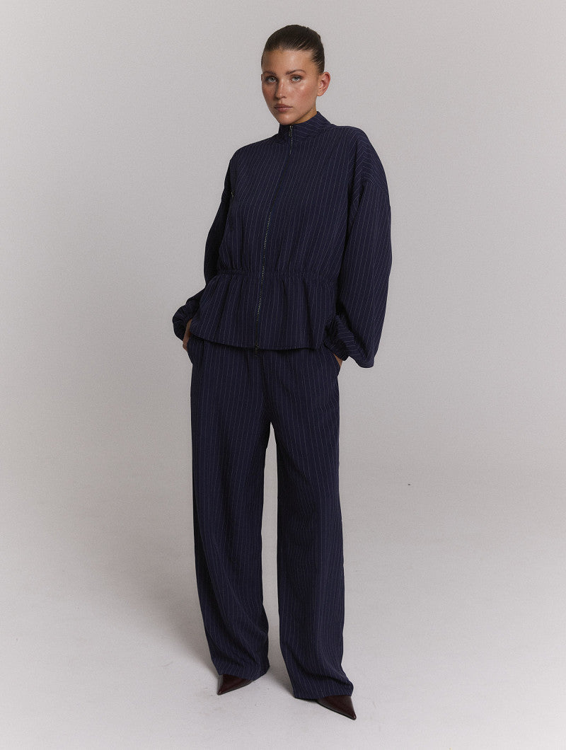 ladies woven pinstripe balloon sleeve top ELYSIA - navy