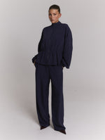 ladies woven pinstripe balloon sleeve top ELYSIA - navy