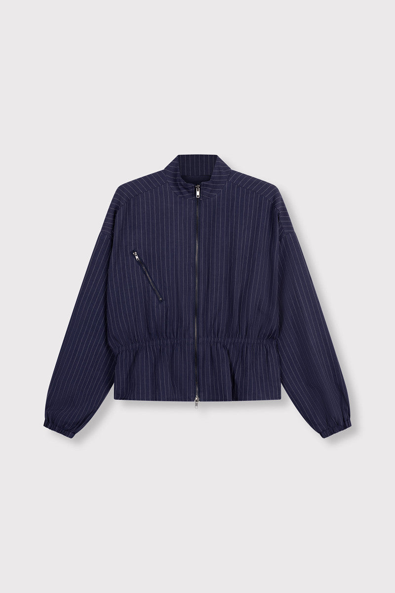 ladies woven pinstripe balloon sleeve top ELYSIA - navy