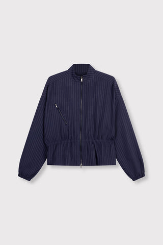 ladies woven pinstripe balloon sleeve top ELYSIA - navy