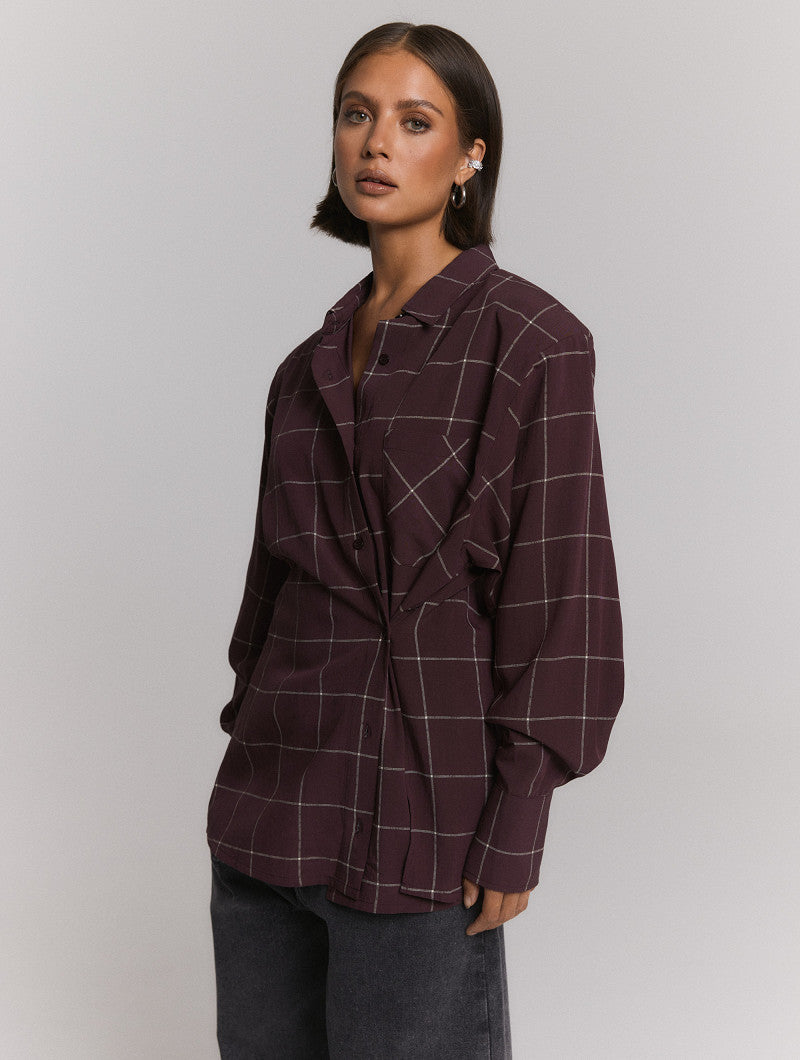 ladies woven blouse check shoulder pads NARO - check