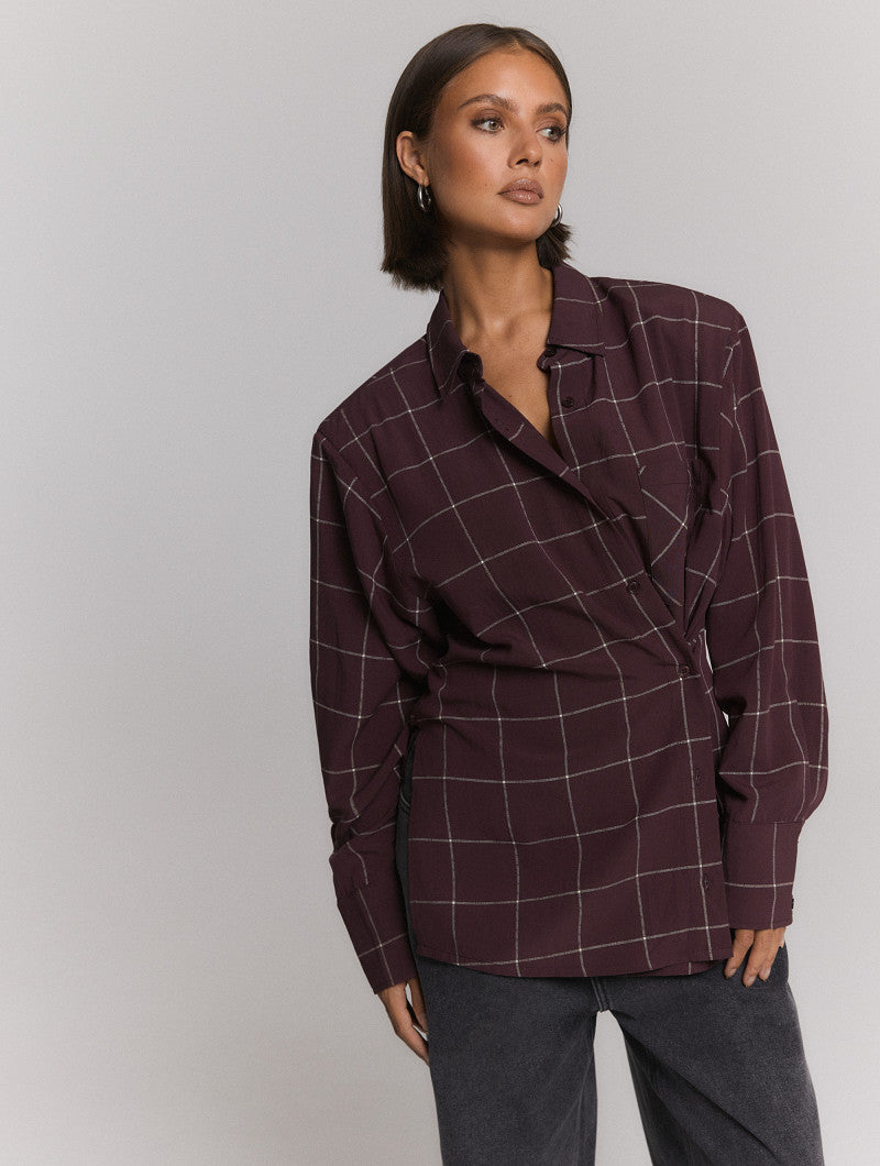 ladies woven blouse check shoulder pads NARO - check