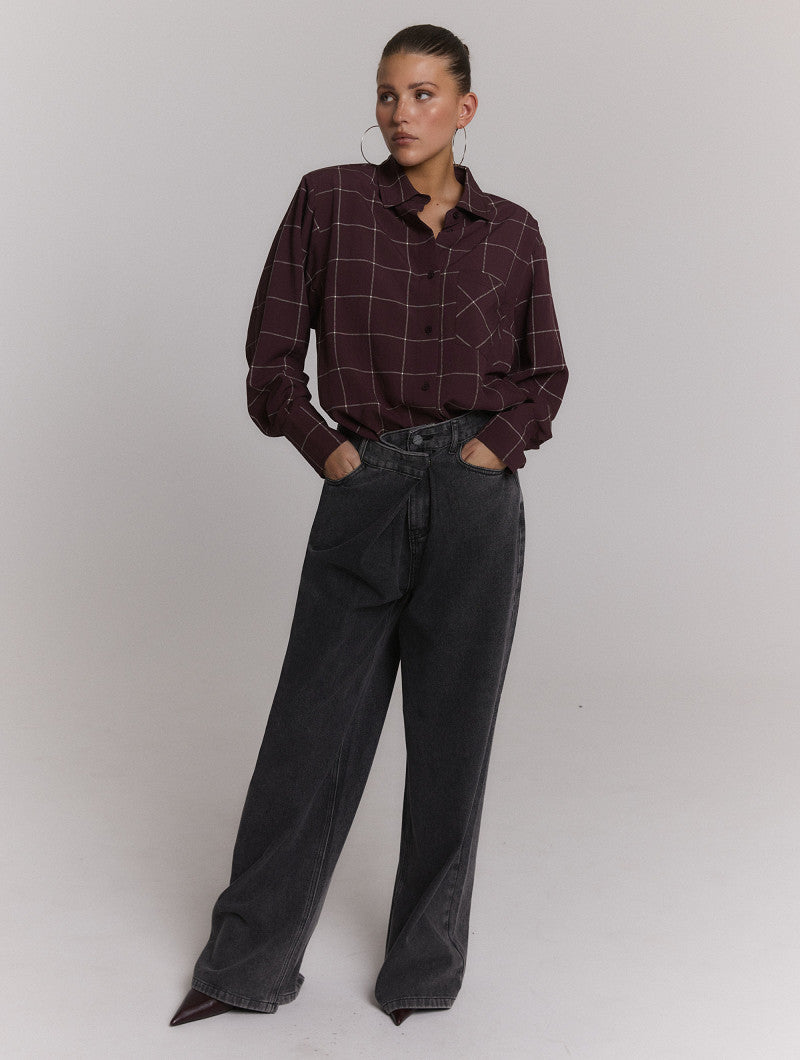ladies woven blouse check shoulder pads NARO - check