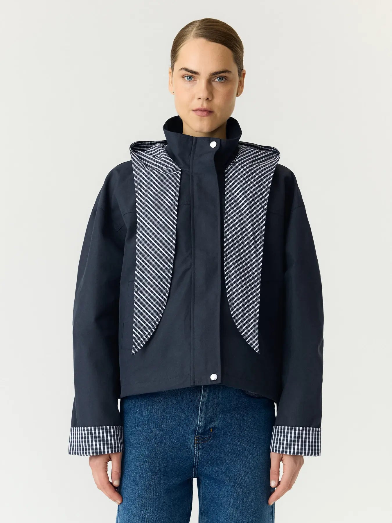 Yasanca ls hood jacket s. - story - navy blazer - checked hood