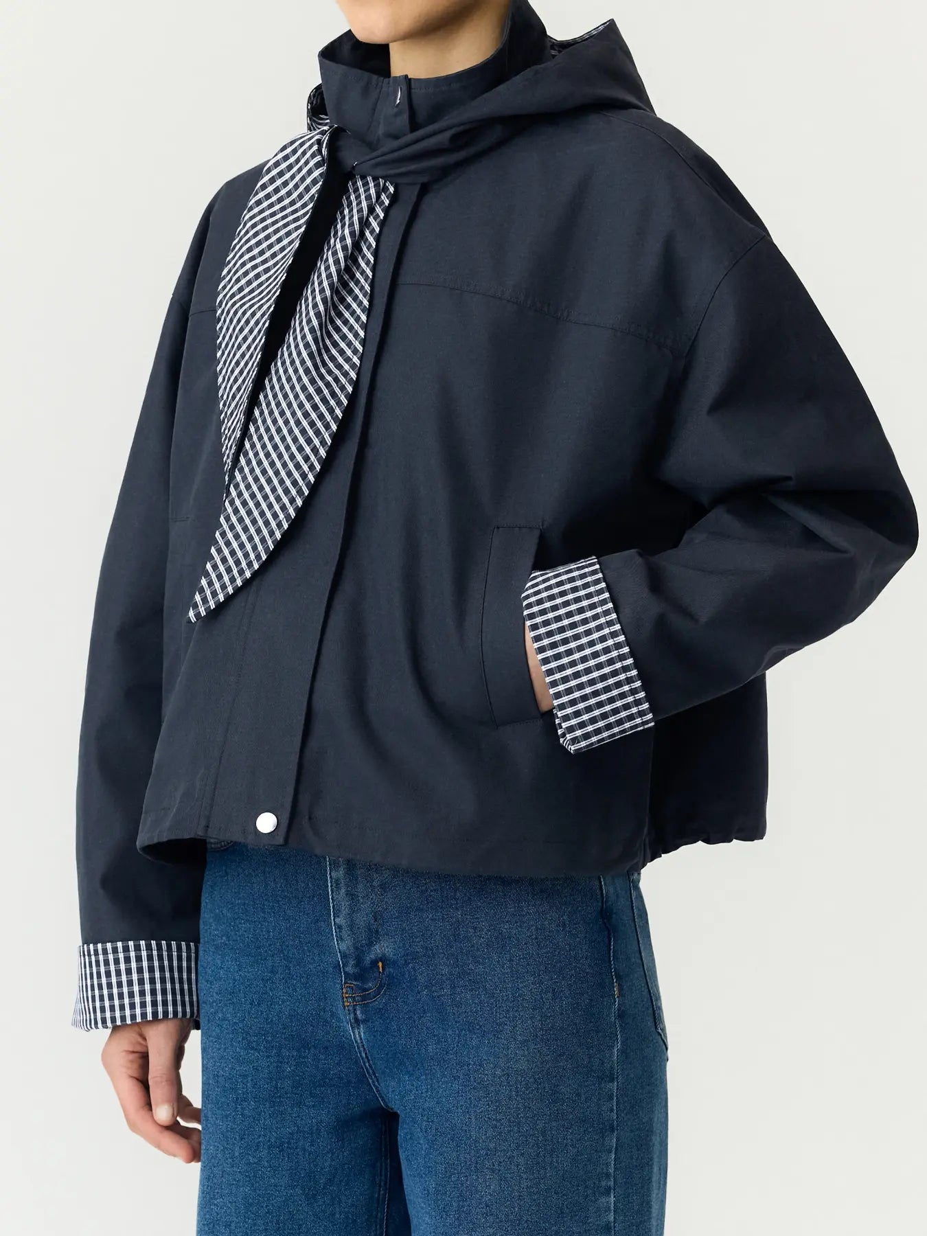 Yasanca ls hood jacket s. - story - navy blazer - checked hood