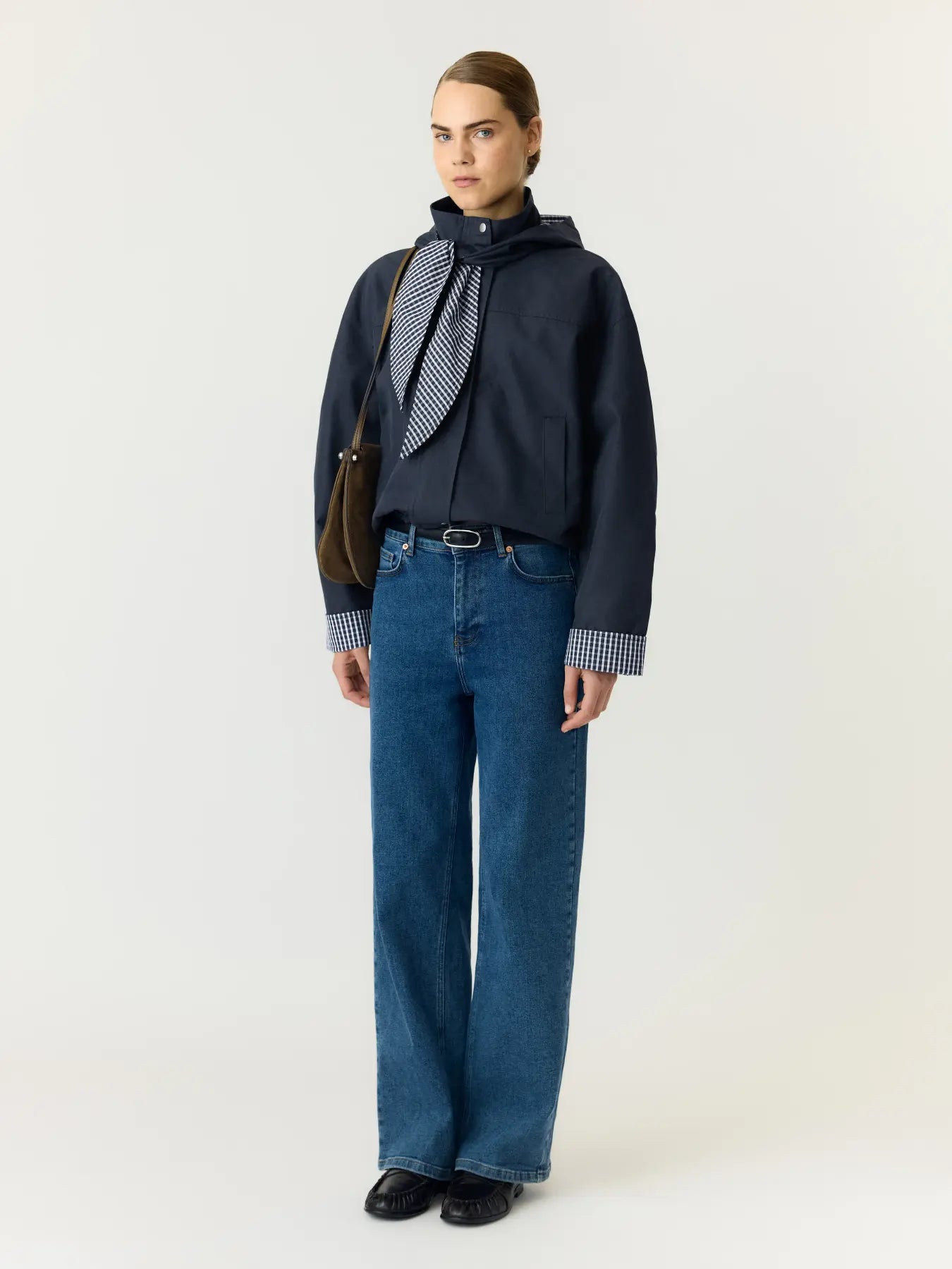 Yasanca ls hood jacket s. - story - navy blazer - checked hood