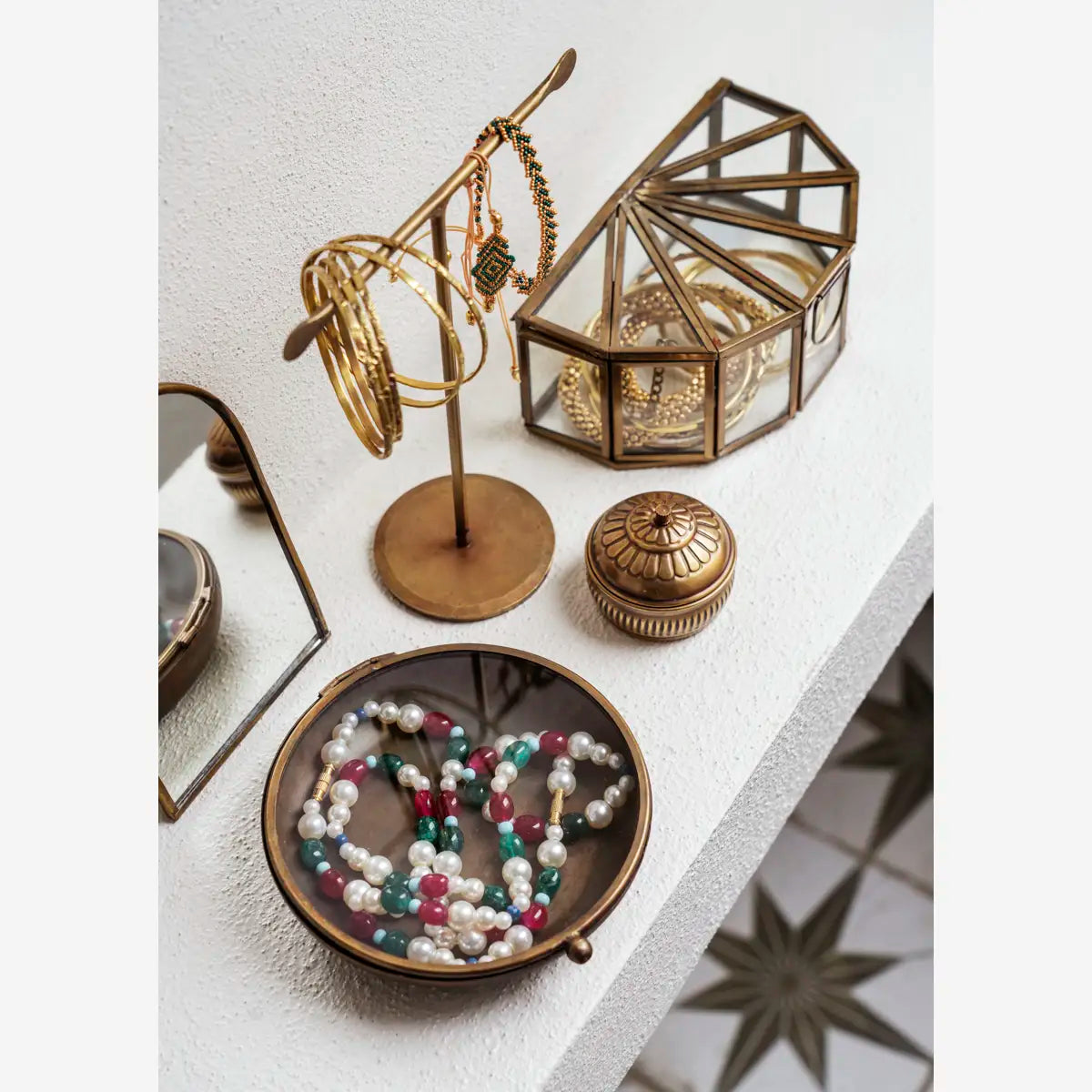 Round glass box - clear - aged brass